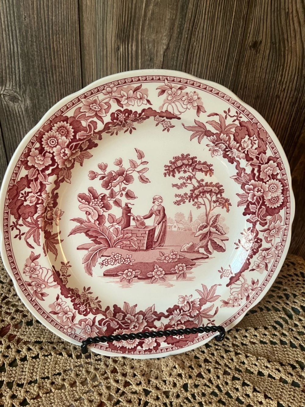 Spode Rose Transferware Dinner Plate with Pastoral Scene